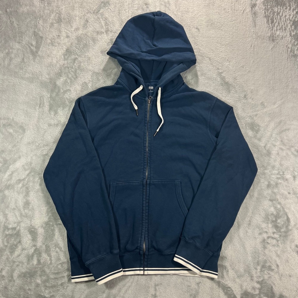 UNIQLO Womens Hoodie S Navy Blue Full Zip Striped Trim Sweatshirt Basic Sporty